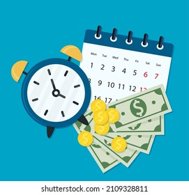Informes financieros. Reloj de alarma, calendario, dinero. Gestión del tiempo. Ilustración vectorial para web, aplicación móvil en diseño plano. EPS 10