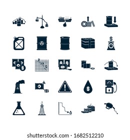 financial reports and oil crash concept icon set over white background, silhouette style, vector illustration
