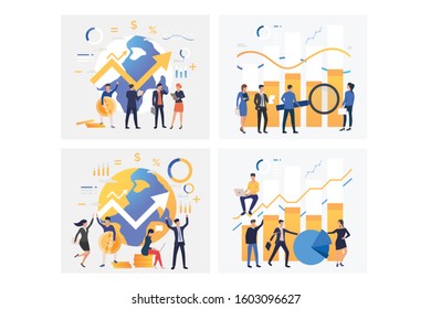 Financial reports set. Colleagues analyzing graphs, diagrams, doing research. Flat vector illustrations. Business, finance, marketing concept for banner, website design or landing web page