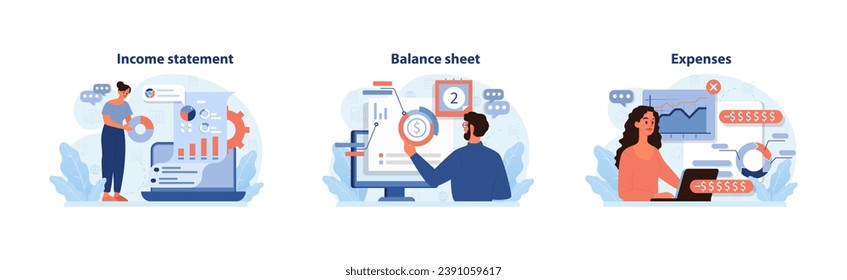 Financial reports set. Experts analyzing income statement, fine-tuning balance sheet, and tracking expenses. Money management in visuals. Flat vector illustration.