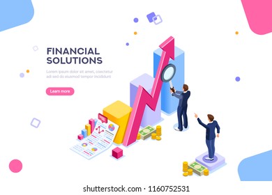Financial research concept. Audit management of economic strategy. Currency development, economics corporate plan for sales. Statistic for organization or investment. Flat isometric characters concept