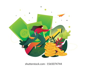 Financial research concept. Audit management of economic strategy. Currency development, economics corporate plan for sales. Statistic for organization or investment. Flat characters concept