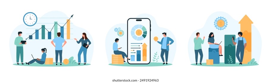 Financial research and dashboard analysis for stock market investment set. Tiny people work with chart arrow up of profit, sales and income growth reports in mobile app cartoon vector illustration