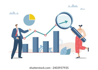 Financial research or data analysis for future trends in marketing, Forecasting factors that cause profit or loss, Businessteam analyzes trends on graphs and charts with magnifying glass.

