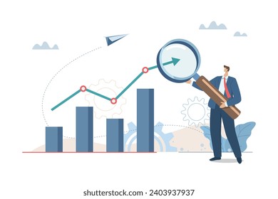 Financial research or data analysis for future trends in marketing, Forecasting factors that cause profit or loss, Businessman analyzes trends on graphs and charts with magnifying glass.