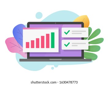 Financial research or sales data statistics audit on computer laptop vector flat cartoon, tax analysis or analytics digital online reports, accounting or stats inspection or quality evaluation check