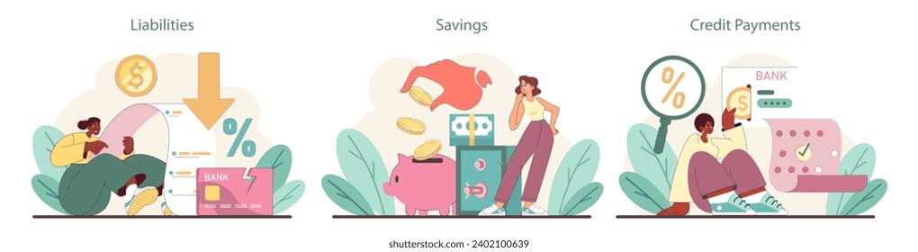 Financial Responsibility set. Understanding liabilities, nurturing savings, and managing credit payments. Essentials of personal finance depicted in engaging scenarios. Flat vector illustration.