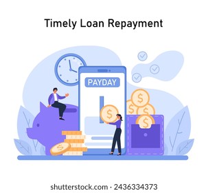 Financial Responsibility Visual. The importance of timely loan repayment highlighted with a smartphone reminder, piggy bank savings, and stacked coins. Flat vector illustration