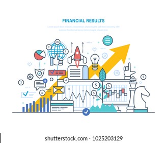 Financial results. Data analysis, financial management report, forecast, market stats, results activities, banking, commercial prosperity, growth of economic indicators. Illustration thin line design.