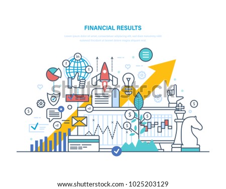 Financial results. Data analysis, financial management report, forecast, market stats, results activities, banking, commercial prosperity, growth of economic indicators. Illustration thin line design.