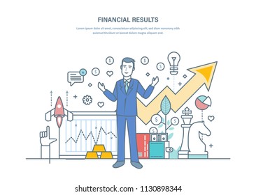 Financial results, successful businessman, increased sales dynamics, stability profit generation, commercial prosperity, growth of economic indicators. Illustration thin line vector doodles.