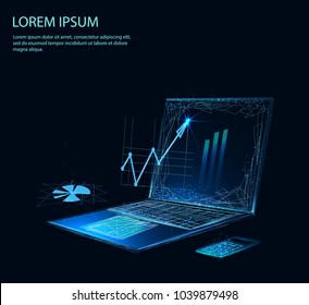 Financial review with laptop and infographic elements of polygons. Concept business strategy. Analysis data and Investment. Business success. Low poly vector illustration