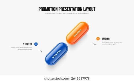 Financial Review Slide Layout Vector Illustration. Advertising Solution Two Element Infographic Slideshow Design. Company Performance 2 Option Diagram Frame Template.