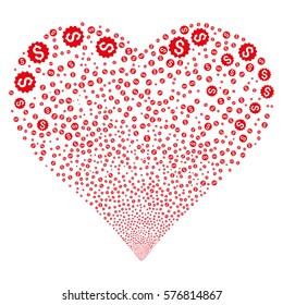 Financial Reward Seal fireworks with heart shape. Vector illustration style is flat red iconic symbols on a white background. Object love heart constructed from confetti pictographs.