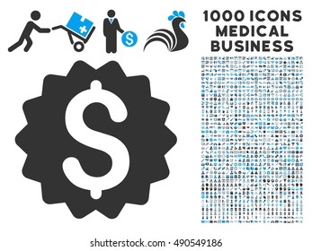 Financial Reward Seal icon with 1000 medical commercial gray and blue vector design elements. Design style is flat bicolor symbols, white background.