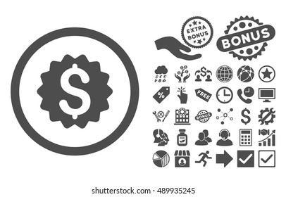 Financial Reward Seal pictograph with bonus pictogram. Vector illustration style is flat iconic symbols, gray color, white background.