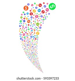 Financial Reward Seal random fireworks stream. Vector illustration style is flat bright multicolored iconic symbols on a white background. Object fountain done from scattered symbols.
