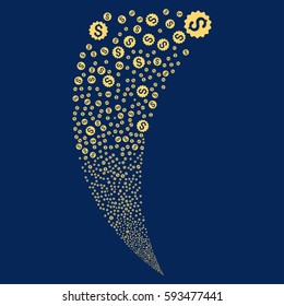 Financial Reward Seal random fireworks stream. Vector illustration style is flat yellow iconic symbols on a blue background. Object fountain constructed from scattered pictographs.