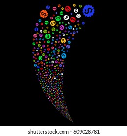 Financial Reward Seal random fireworks stream. Vector illustration style is flat bright multicolored iconic symbols on a black background. Object fountain made from scattered icons.