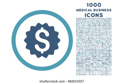 Financial Reward Seal rounded vector bicolor icon with 1000 medical business icons. Set style is flat pictograms, cyan and blue colors, white background.