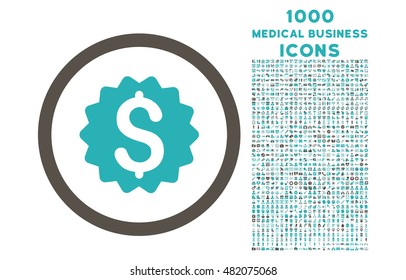 Financial Reward Seal rounded vector bicolor icon with 1000 medical business icons. Set style is flat pictograms, grey and cyan colors, white background.