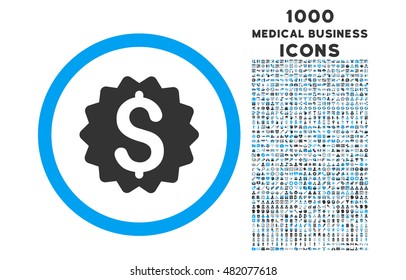Financial Reward Seal rounded vector bicolor icon with 1000 medical business icons. Set style is flat pictograms, blue and gray colors, white background.