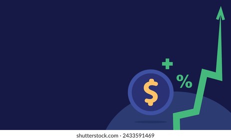 Financial rise concept vector banner design with money icon, green colored increase  arrow icon, dollar sign coin icon on a dark blue background. Finance gain.