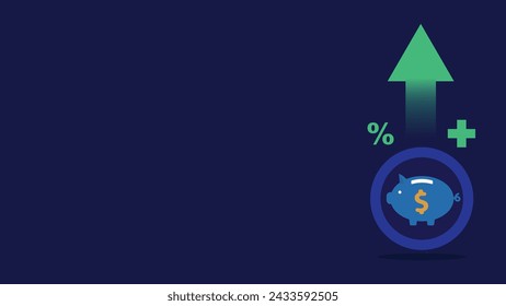 Financial rise concept vector banner design with piggy bank money icon, green colored increase  arrow icon, dollar sign coin icon on a dark blue background. Finance gain.