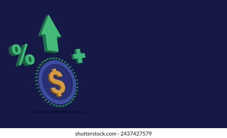 Financial rise concept vector banner design with money icon, green colored increase  arrow icon, dollar sign coin icon in 3d effect on a dark blue background. Finance gain.