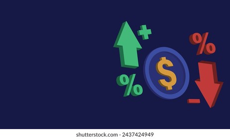 Financial rise and fall concept vector banner design with money icon, red green colored increase and decrease arrow , dollar sign coin icon in 3d effect on a dark blue background. Finance gain loss.