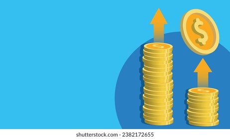 Financial rise, gain or increase concept vector graphic illustration with stacks of dollar sign gold coins and up arrow on a blue background. income, savings or  savings growth modern minimal poster.