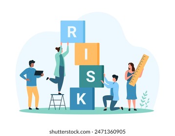 Financial risk analysis, investment and business safety control. Tiny people measure high tower of cubes with Risk word to assess probability of crisis and invest money cartoon vector illustration