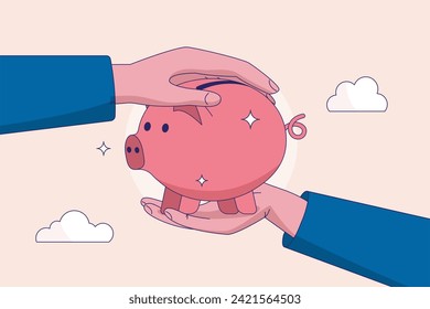 Financial risk assurance. Tax or wealth management concept, protect money from inflation or economic crisis, insurance, strong businessman hand shielding protect piggy bank saving money box