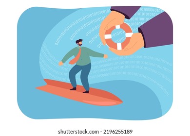 Financial risk of businessman surfing digital waves. Hands giving lifebuoy, protecting tiny man flat vector illustration. Insurance, protection concept for banner, website design or landing web page