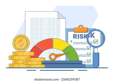 Financial risk concept, counting money, calculating loan or debt payments, investment risk, spending money concept, calculating financial risk graph, flat vector illustration on background.