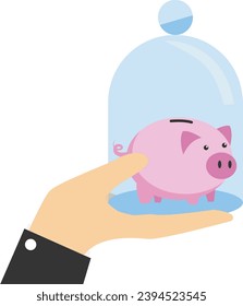 Financial risk guarantee concept, protecting money from inflation or economic crisis, tax or wealth management concept, insurance, businessman hand protecting piggy bank keeping money box.

