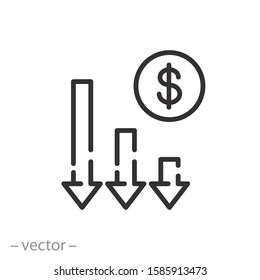 Financial Risk Icon, Benefit Reduce Dollar, Reduction Cost, Thin Line Web Symbol On White Background - Editable Stroke Vector Illustration Eps10