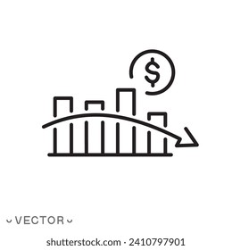 financial risk icon, benefit of reducing dollar, cost of reduction, thin line symbol isolated on white background, editable stroke eps 10 vector illustration