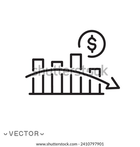 financial risk icon, benefit of reducing dollar, cost of reduction, thin line symbol isolated on white background, editable stroke eps 10 vector illustration