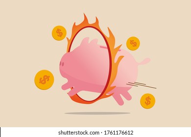 Financial Risk, Investment Volatility Or Savings For Wealthy Retirement Concept, Bravely Pink Piggy Bank Jump Through Danger Ring Of Fire Metaphor Of Survive In Financial Crisis Or Economic Recession.
