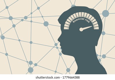 Financial risk level scale with arrow. The measuring device icon. Face profile view. Silhouette of male head. Connected lines with dots