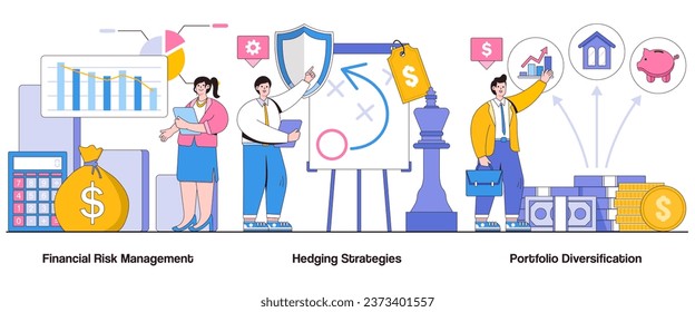 Gestión del riesgo financiero, estrategias de cobertura, concepto de diversificación de cartera con carácter. Conjunto de ilustraciones vectoriales abstractas de mitigación de riesgos. Evaluación del riesgo, metáfora de la volatilidad del mercado.