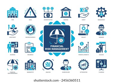 Symbolsatz für das finanzielle Risikomanagement. Firma, Management, Kredit, Konkurs, Aktionär, Investition, Analyse, Erfolg. Zweifarbige Volltonsymbole