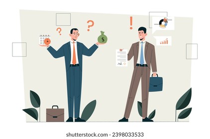 Financial risks concept. Two businessmen evaluate deals and agreements. Investors and traders with graphs, charts and diagrams. Cartoon flat vector illustration isolated on white background