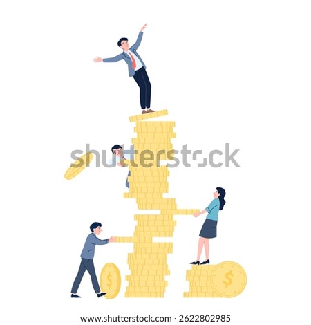 Financial risks. Man balanced on top of stack coins, people pulling money out of foundation. Precarious situation, instability, enrichment, recent vector scene