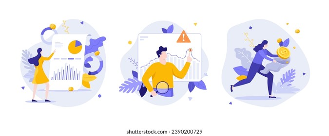 Financial risks management flat concept vector illustrations set. Dealing with commercial failure cartoon composition. Business decrease analytics creative idea for website, mobile, presentation