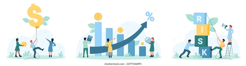 Financial risks set vector illustration. Cartoon tiny investor holding dollar balloon, people calculate finance profit from chart growth and money return with calculator, push cubes with word risk