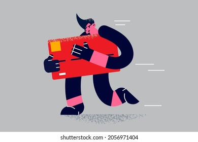 Financial Robbery And Crime Concept. Young Man Cartoon Character Thief Wearing Black Holding Huge Credit Card In Hands After Committing Crime Vector Illustration