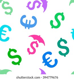 Financial Roof vector repeatable pattern with dollar and euro currency symbols. Style is flat colored icons on a white background.