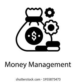 Financial sack with gears denoting money management icon in solid design